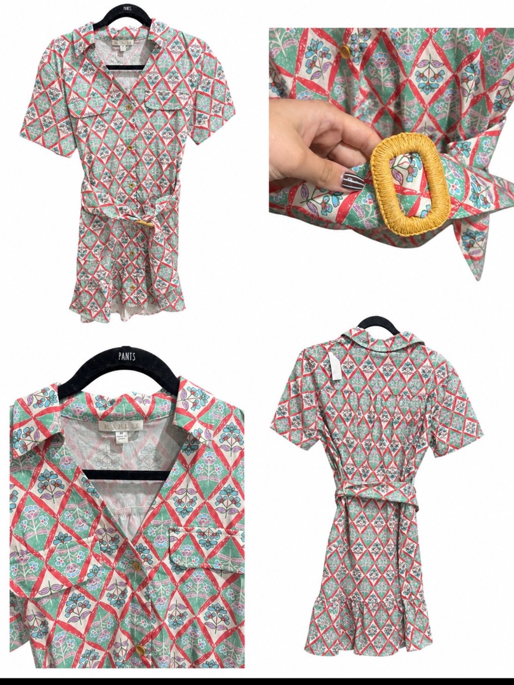 Karlie Mint Green Pink White Printed Belted Shirt Dress